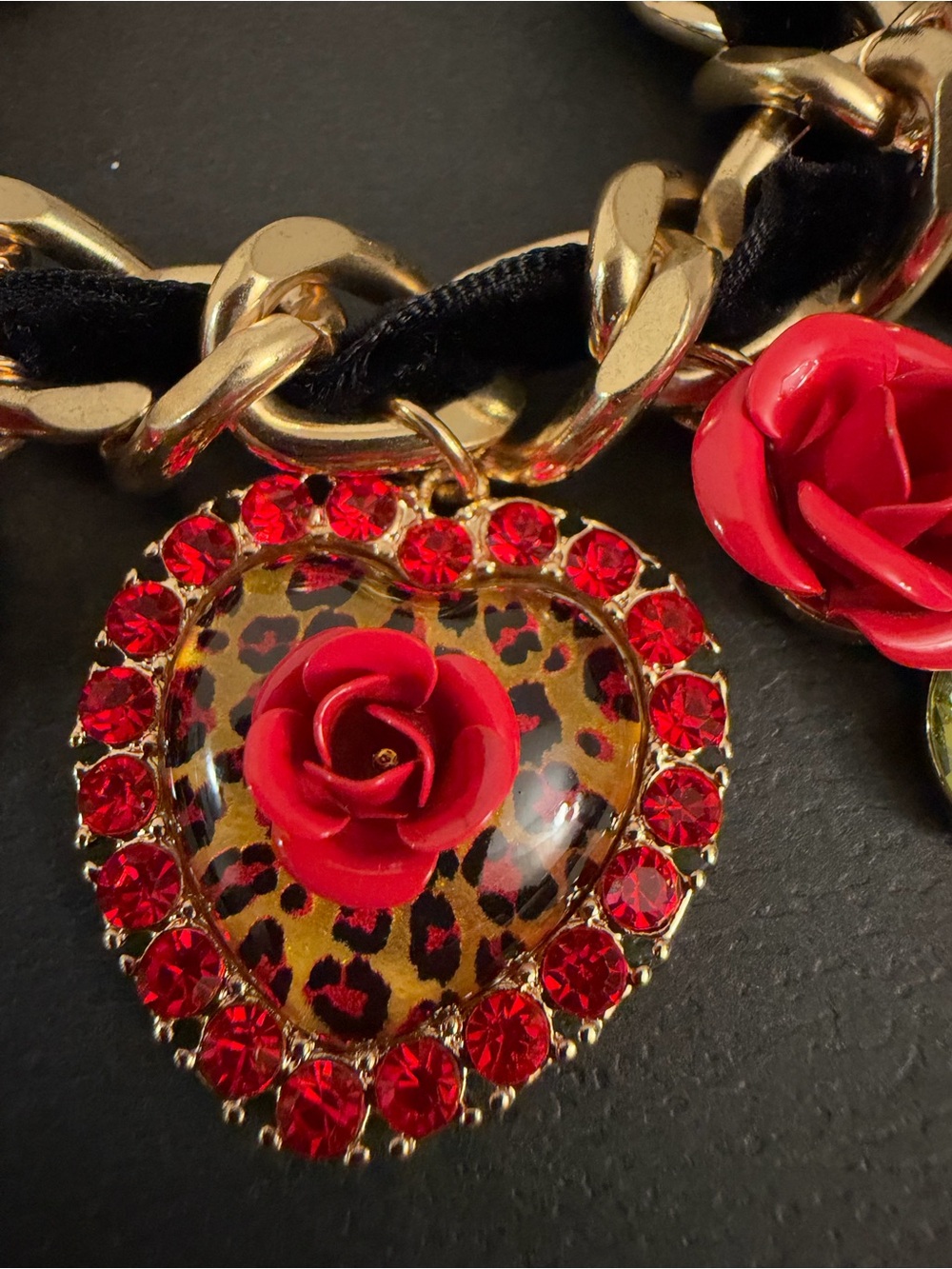Betsey Johnson Gold-Tone Chain Bracelet with Red Roses & Leopard Heart Charms - Picture 13 of 16